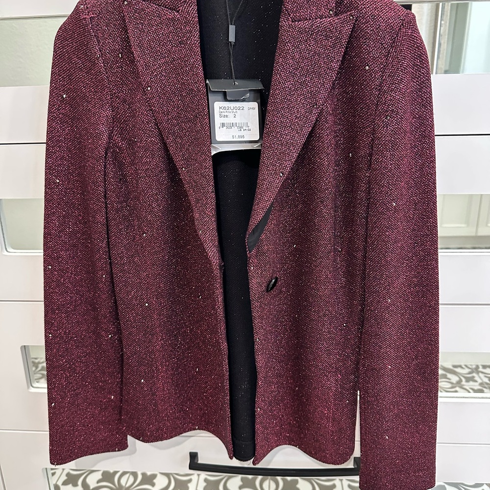 NEW ST JOHN KNIT SIZE 2 JACKET DARK PINK & BLACK SHIMMER